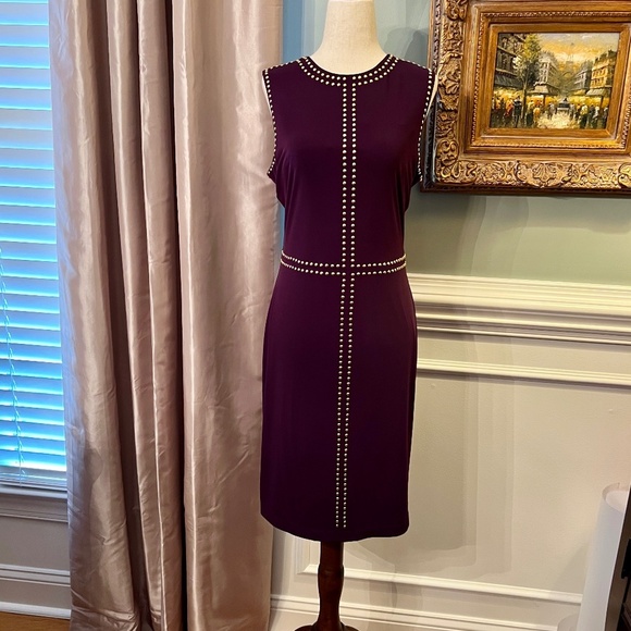 EUC Calvin Klein Purple Stretch Jersey Sheath Dress w/ Gold Studs Size 8 - Picture 1 of 2